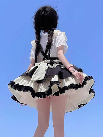 Abiti da Lolita gotica Camicetta con gonna a maniche corte con volant in pizzo nero