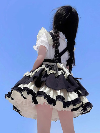 Abiti da Lolita gotica Camicetta con gonna a maniche corte con volant in pizzo nero