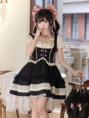 noir Robes Gothiques Lolita Noeuds Volants Bloc de Couleur Noir Noir