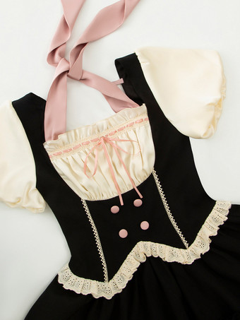 Robes Gothiques Lolita Noeuds Volants Bloc de Couleur Noir Noir