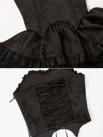 ゴシックロリータ衣装 ブラック フリル フリンジ ジャカード ノースリーブ トップ スカート