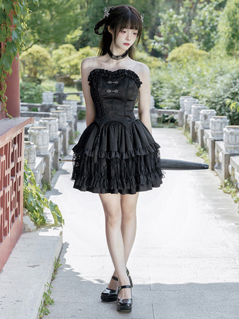 ゴシックロリータ衣装 ブラック フリル フリンジ ジャカード ノースリーブ トップ スカート