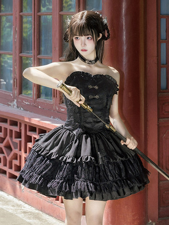 ゴシックロリータ衣装 ブラック フリル フリンジ ジャカード ノースリーブ トップ スカート