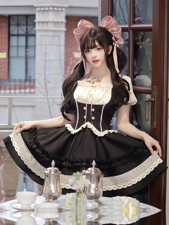 Robes Gothiques Lolita Noeuds Volants Bloc de Couleur Noir Noir