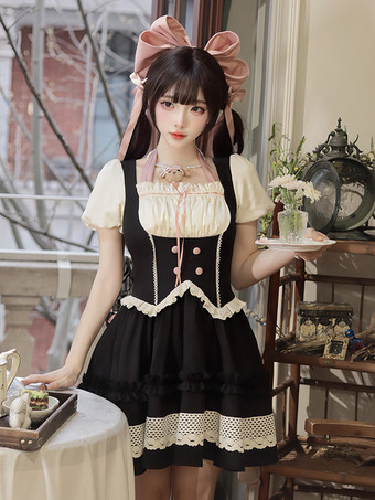 Robes Gothiques Lolita Noeuds Volants Bloc de Couleur Noir Noir