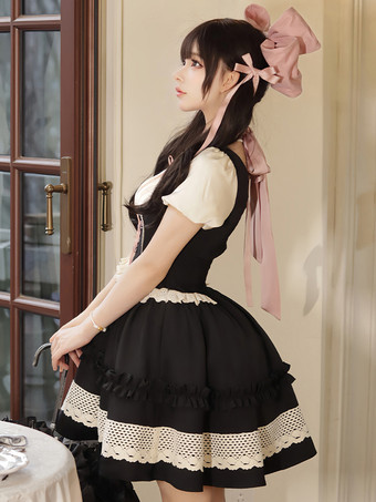 Robes Gothiques Lolita Noeuds Volants Bloc de Couleur Noir Noir