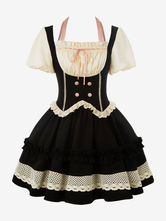 Robes Gothiques Lolita Noeuds Volants Bloc de Couleur Noir Noir