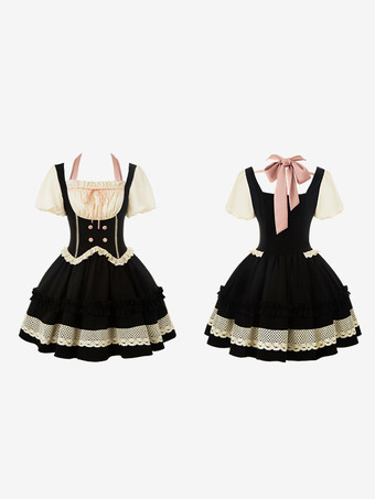 Robes Gothiques Lolita Noeuds Volants Bloc de Couleur Noir Noir