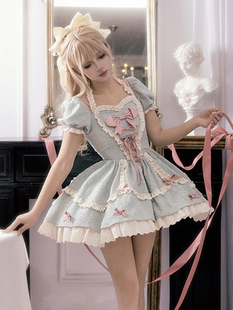 グリーン ゴシック ロリータ ドレス リボン レースアップ カラーブロック ブラック グリーン