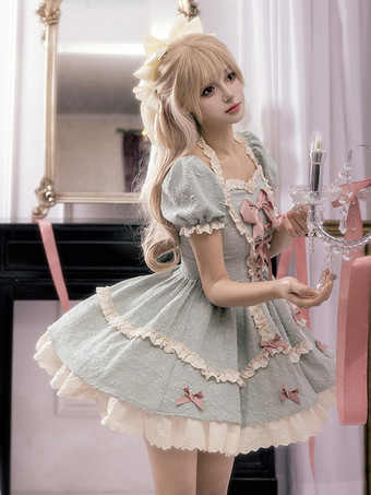 ゴシック ロリータ ドレス リボン レースアップ カラーブロック ブラック グリーン