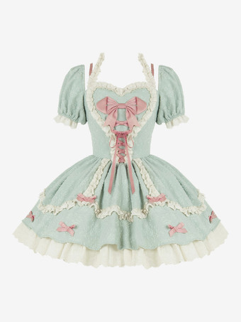 ゴシック ロリータ ドレス リボン レースアップ カラーブロック ブラック グリーン