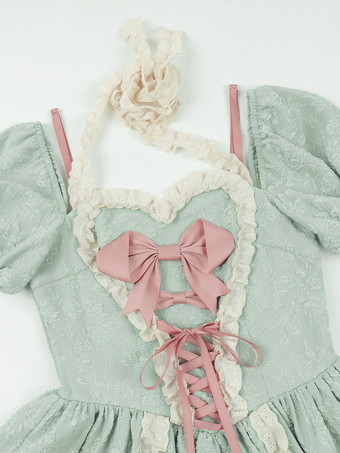 ゴシック ロリータ ドレス リボン レースアップ カラーブロック ブラック グリーン