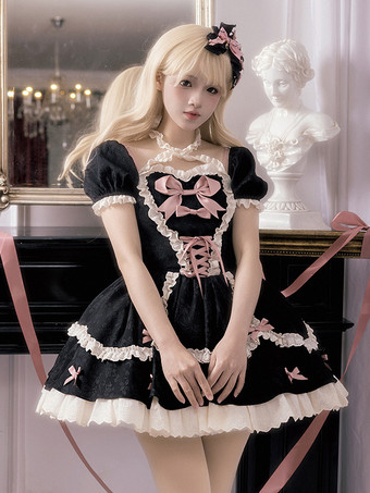 ブラック ゴシック ロリータ ドレス リボン レースアップ カラーブロック ブラック グリーン