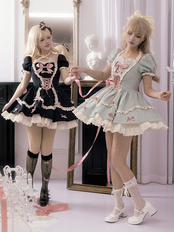 ゴシック ロリータ ドレス リボン レースアップ カラーブロック ブラック グリーン