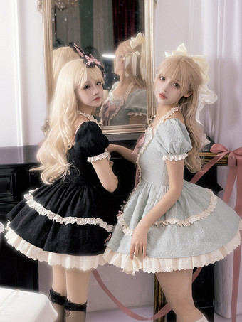 ゴシック ロリータ ドレス リボン レースアップ カラーブロック ブラック グリーン