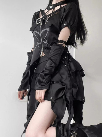 ゴシックロリータ衣装 黒 蝶柄 グロメット フリル 半袖 トップ スカート