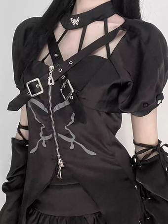 ゴシックロリータ衣装 黒 蝶柄 グロメット フリル 半袖 トップ スカート