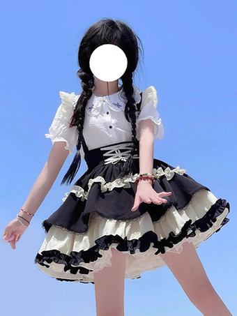 Abiti da Lolita gotica Camicetta con gonna a maniche corte con volant in pizzo nero