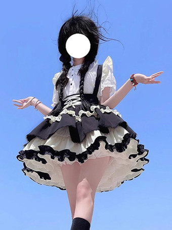 Abiti da Lolita gotica Camicetta con gonna a maniche corte con volant in pizzo nero