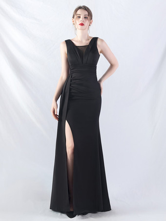 ブラック パーティードレス バーガンディ Vネック ノースリーブ ハイスリット セミフォーマルドレス