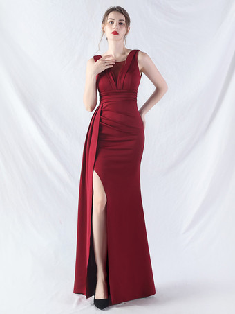 パーティードレス バーガンディ Vネック ノースリーブ ハイスリット セミフォーマルドレス