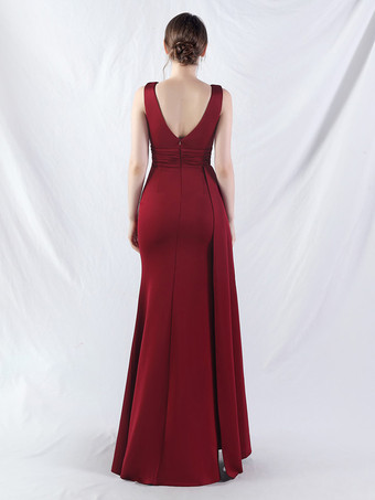パーティードレス バーガンディ Vネック ノースリーブ ハイスリット セミフォーマルドレス