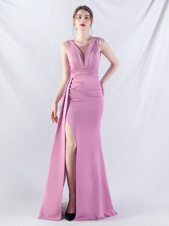 ラベンダーパーティードレス バーガンディ Vネック ノースリーブ ハイスリット セミフォーマルドレス