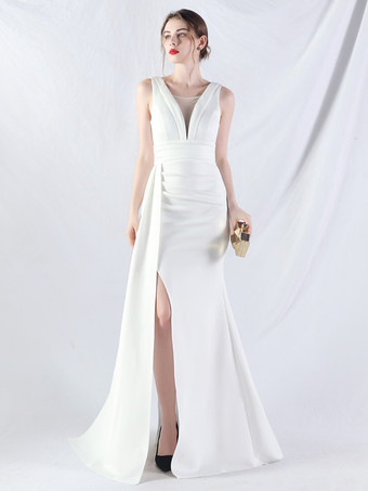 ホワイト パーティードレス バーガンディ Vネック ノースリーブ ハイスリット セミフォーマルドレス