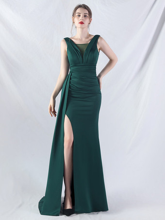 ダークグリーンパーティードレス バーガンディ Vネック ノースリーブ ハイスリット セミフォーマルドレス