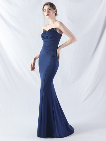 ダークネイビーパーティードレス ブラック ストラップレス スパンコール ノースリーブ セミフォーマルドレス