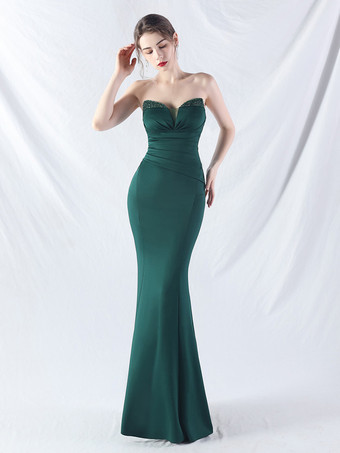 ダークグリーンパーティードレス ブラック ストラップレス スパンコール ノースリーブ セミフォーマルドレス