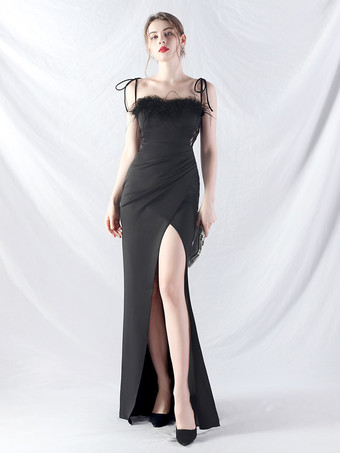 ブラック パーティードレス ライトスカイブルー ストラップネック フェザー ノースリーブ ハイスリット セミフォーマルドレス