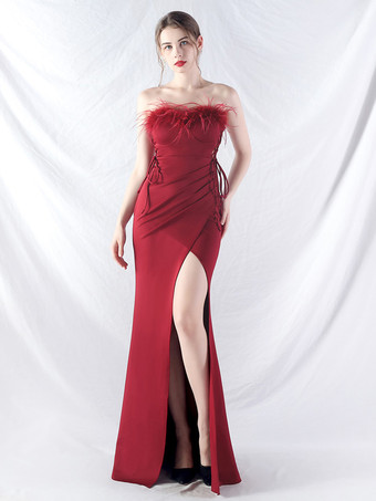 ワインレッド パーティードレス ライトスカイブルー ストラップネック フェザー ノースリーブ ハイスリット セミフォーマルドレス