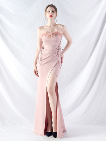 サーモンピンクパーティードレス ライトスカイブルー ストラップネック フェザー ノースリーブ ハイスリット セミフォーマルドレス