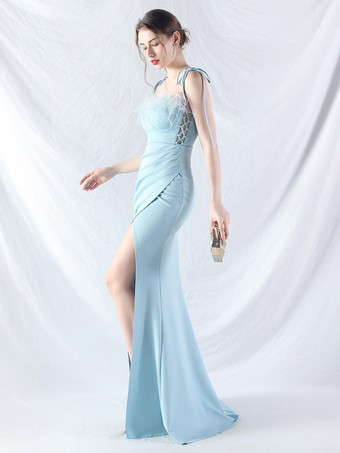 パーティードレス ライトスカイブルー ストラップネック フェザー ノースリーブ ハイスリット セミフォーマルドレス