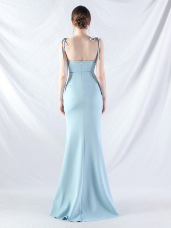 パーティードレス ライトスカイブルー ストラップネック フェザー ノースリーブ ハイスリット セミフォーマルドレス