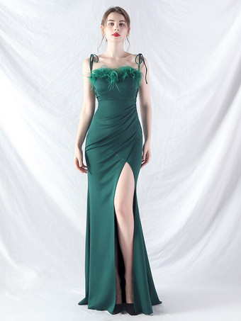 ダークグリーンパーティードレス ライトスカイブルー ストラップネック フェザー ノースリーブ ハイスリット セミフォーマルドレス