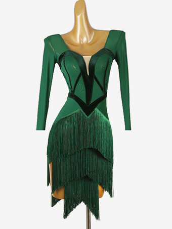 グリーン ラテンダンスコスチューム グリーン レディース エレガント ライクラ スパンデックス ドレス ダンスコスチューム