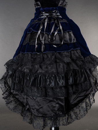 ディープブルーゴシックロリータSKブラックレースアップレースロリータスカート