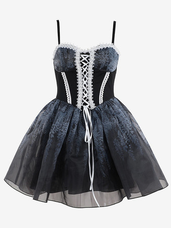   ゴシック ロリータ ドレス レースアップ フリル ブラック ブラック