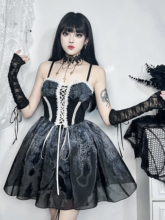   ゴシック ロリータ ドレス レースアップ フリル ブラック ブラック