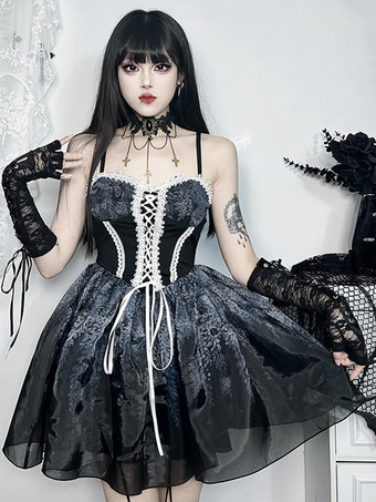   ゴシック ロリータ ドレス レースアップ フリル ブラック ブラック