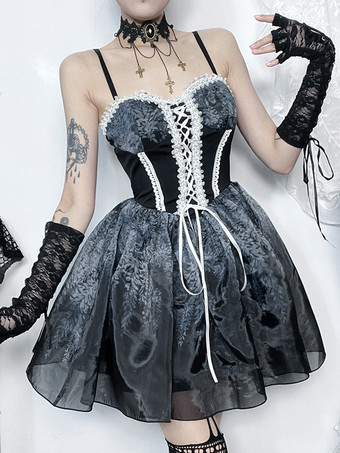   ゴシック ロリータ ドレス レースアップ フリル ブラック ブラック