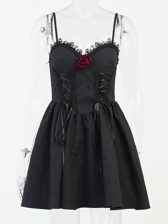   ゴシック ロリータ ドレス レース リボン ジャカード ブラック ブラック