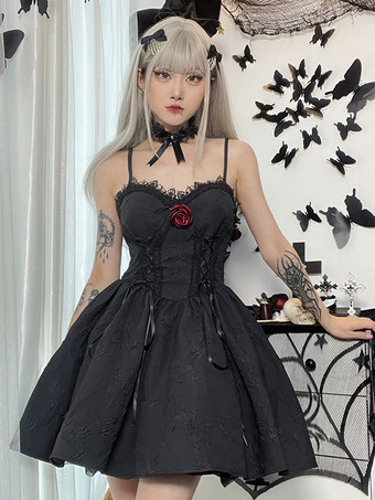   ゴシック ロリータ ドレス レース リボン ジャカード ブラック ブラック