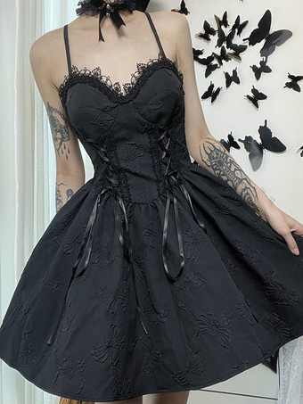   ゴシック ロリータ ドレス レース リボン ジャカード ブラック ブラック