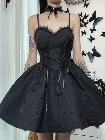   ゴシック ロリータ ドレス レース リボン ジャカード ブラック ブラック