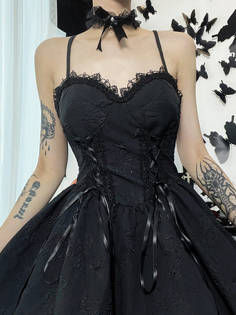   ゴシック ロリータ ドレス レース リボン ジャカード ブラック ブラック