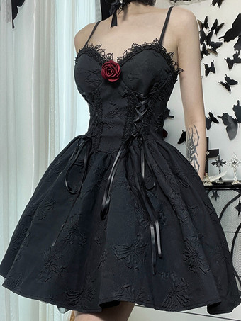   ゴシック ロリータ ドレス レース リボン ジャカード ブラック ブラック