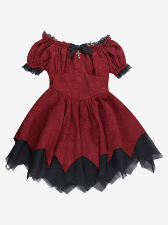   ゴシック ロリータ ドレス レースアップ フリル ジャカード カラーブロック レッド 赤